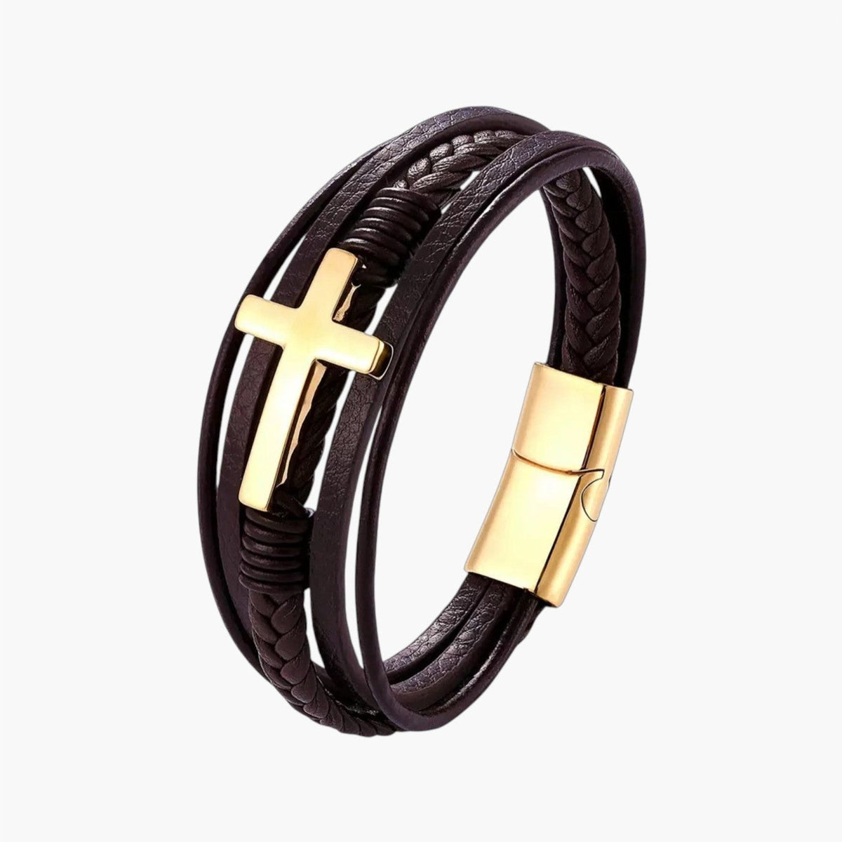 Pulseira Cruz em Couro e Aço Inoxidável