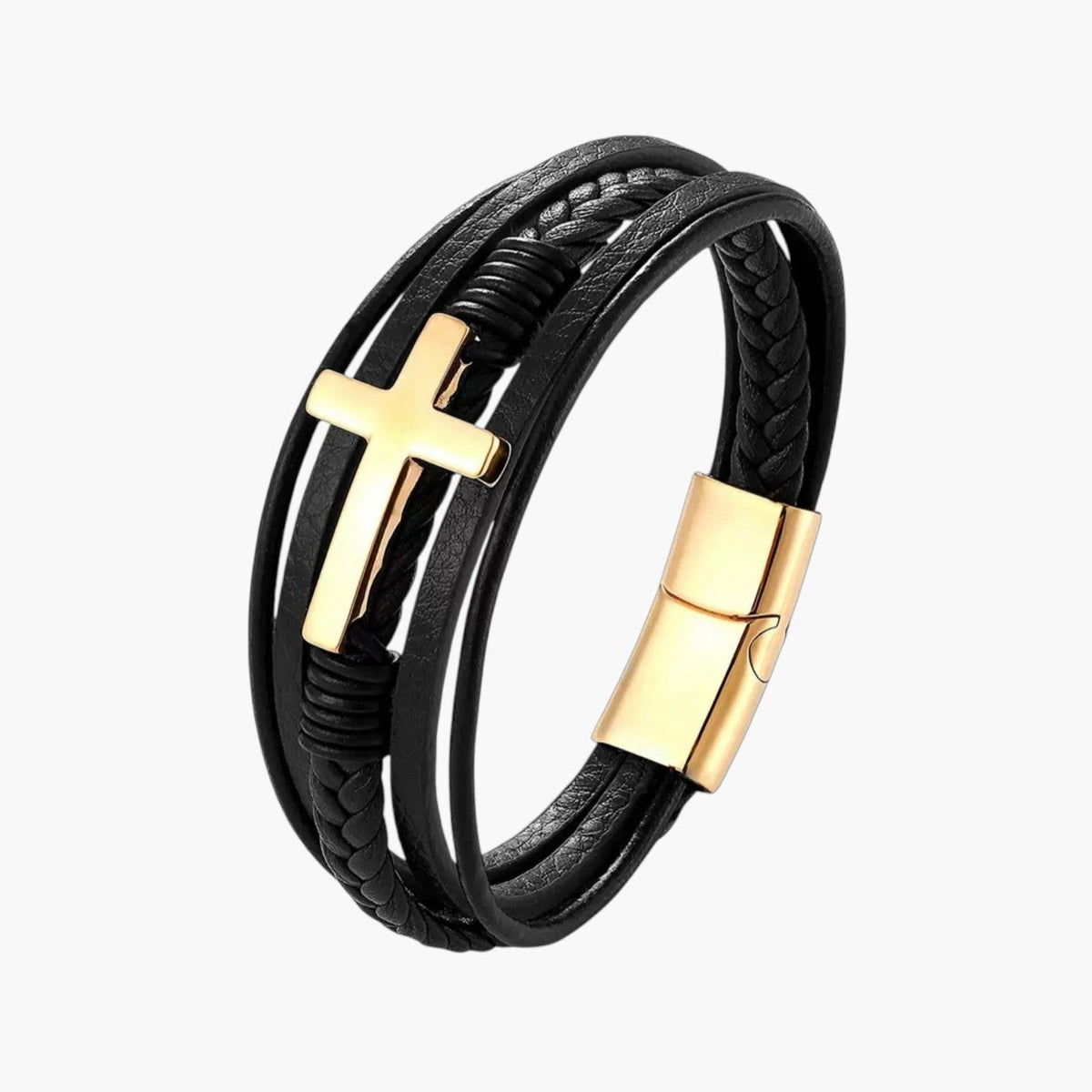Pulseira Cruz em Couro e Aço Inoxidável
