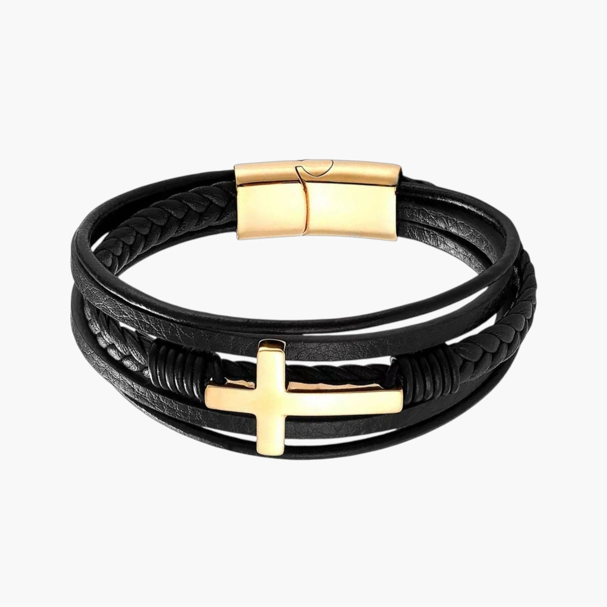 Pulseira Cruz em Couro e Aço Inoxidável