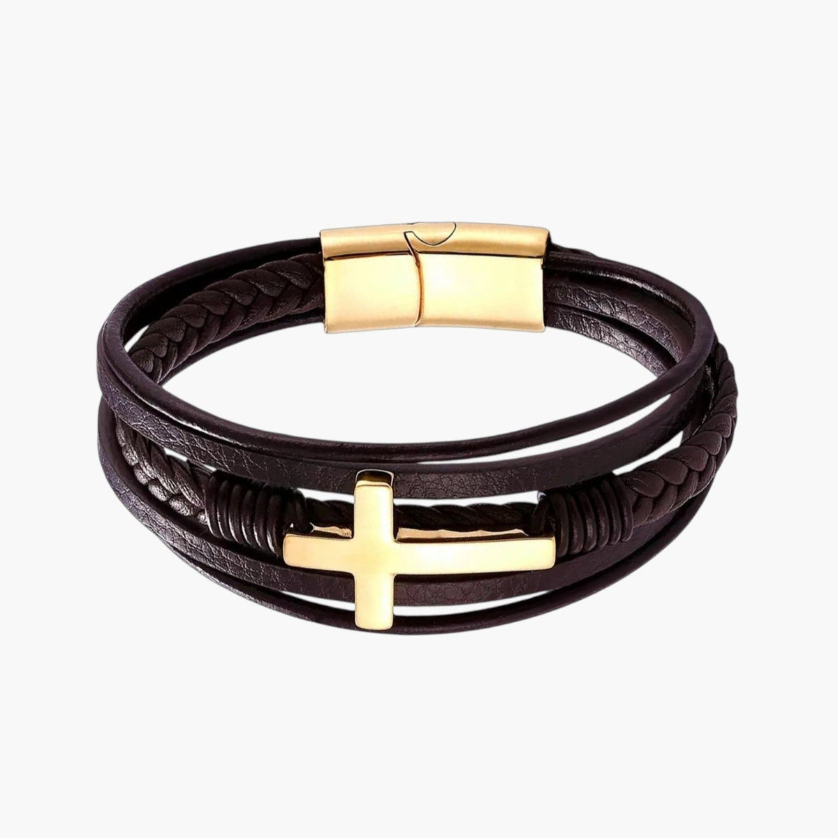Pulseira Cruz em Couro e Aço Inoxidável
