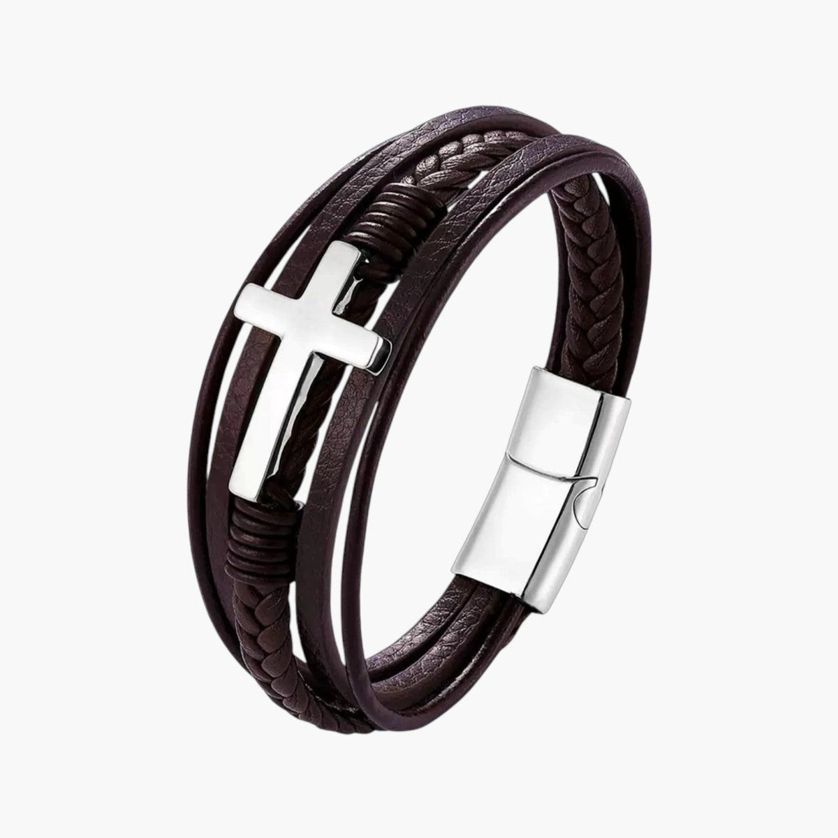 Pulseira Cruz em Couro e Aço Inoxidável
