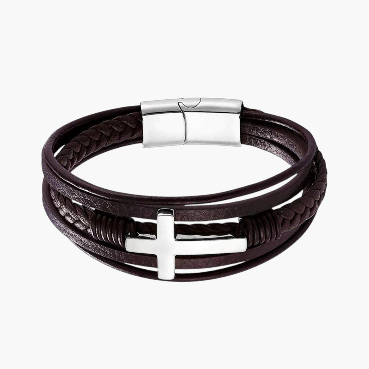 Pulseira Cruz em Couro e Aço Inoxidável