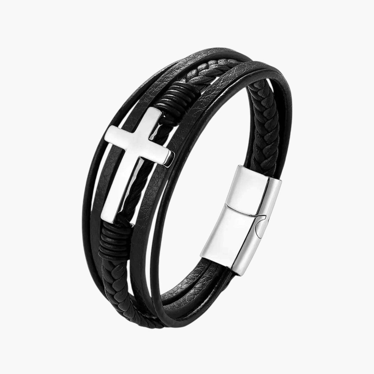 Pulseira Cruz em Couro e Aço Inoxidável
