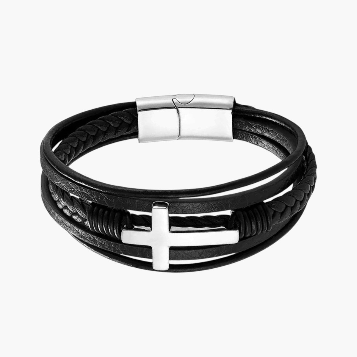 Pulseira Cruz em Couro e Aço Inoxidável