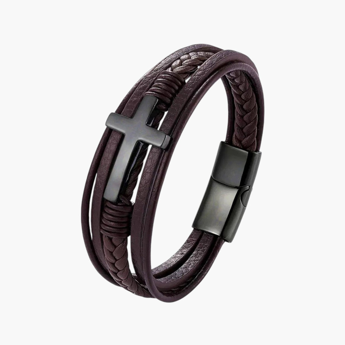 Pulseira Cruz em Couro e Aço Inoxidável