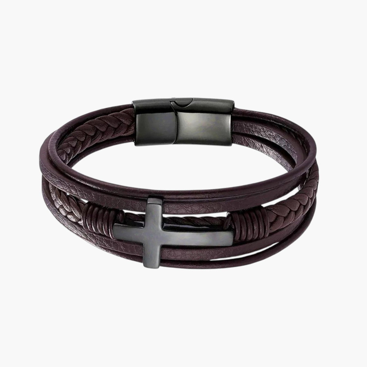 Pulseira Cruz em Couro e Aço Inoxidável