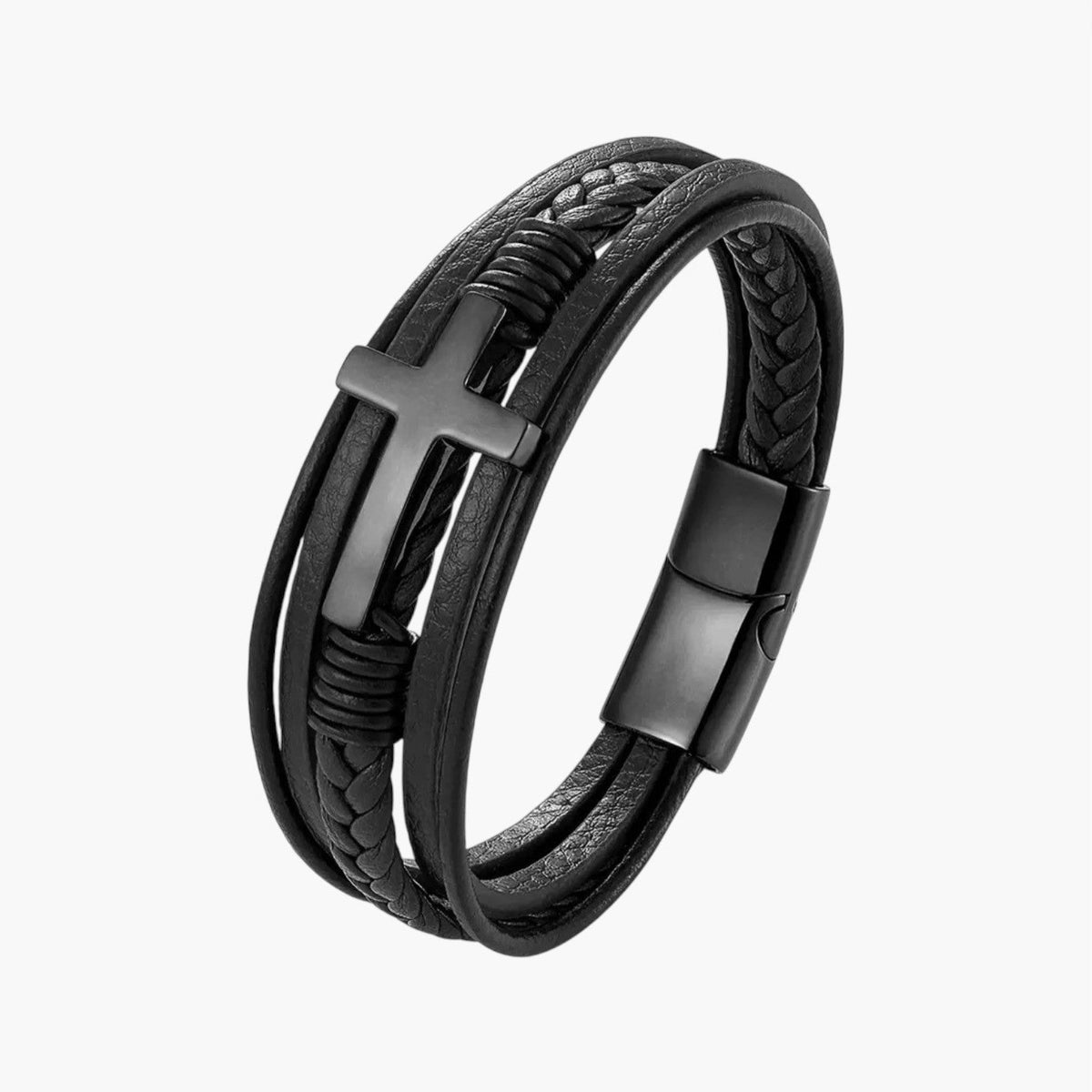 Pulseira Cruz em Couro e Aço Inoxidável
