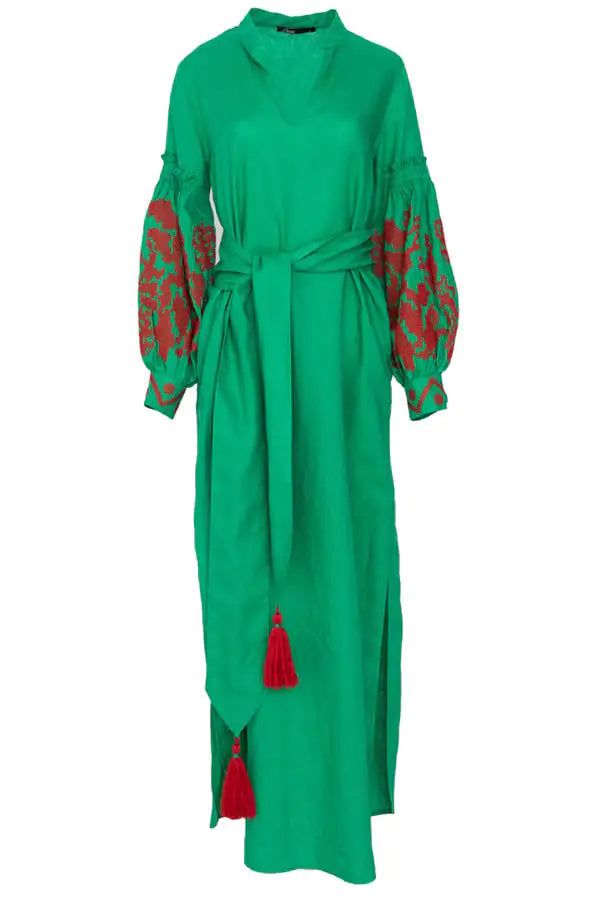 Embroidered V-Neck Boho Dress – Long Sleeve Cotton Beachwear