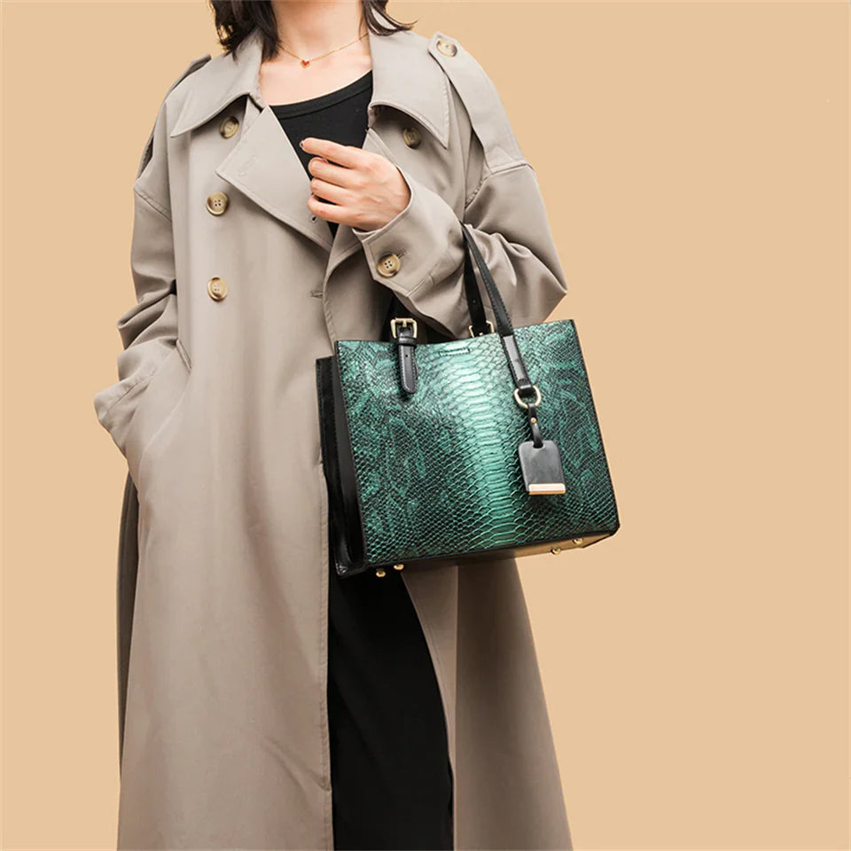 3-Piece Faux-Leather Handbag & Wallet Set – Vintage Snakeskin Accent