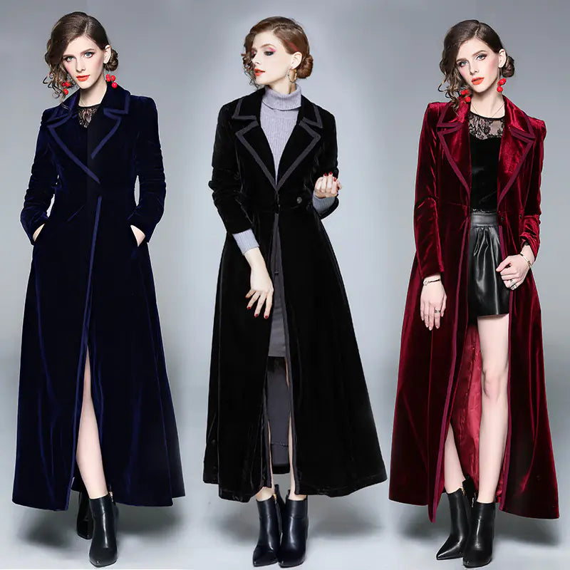 Elegant Long Velvet Trench Coat – Women’s Evening Winter Coat