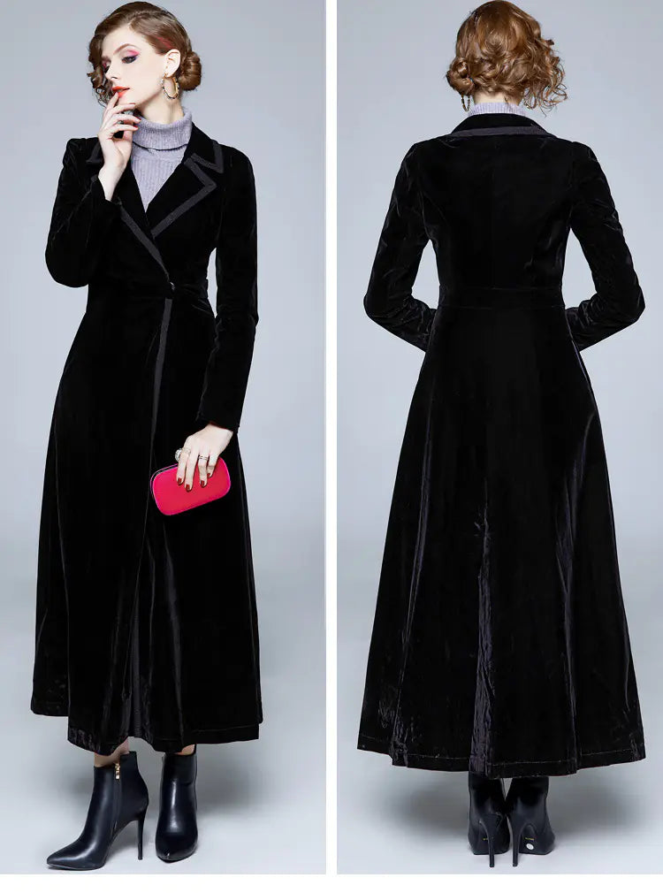 Elegant Long Velvet Trench Coat – Women’s Evening Winter Coat