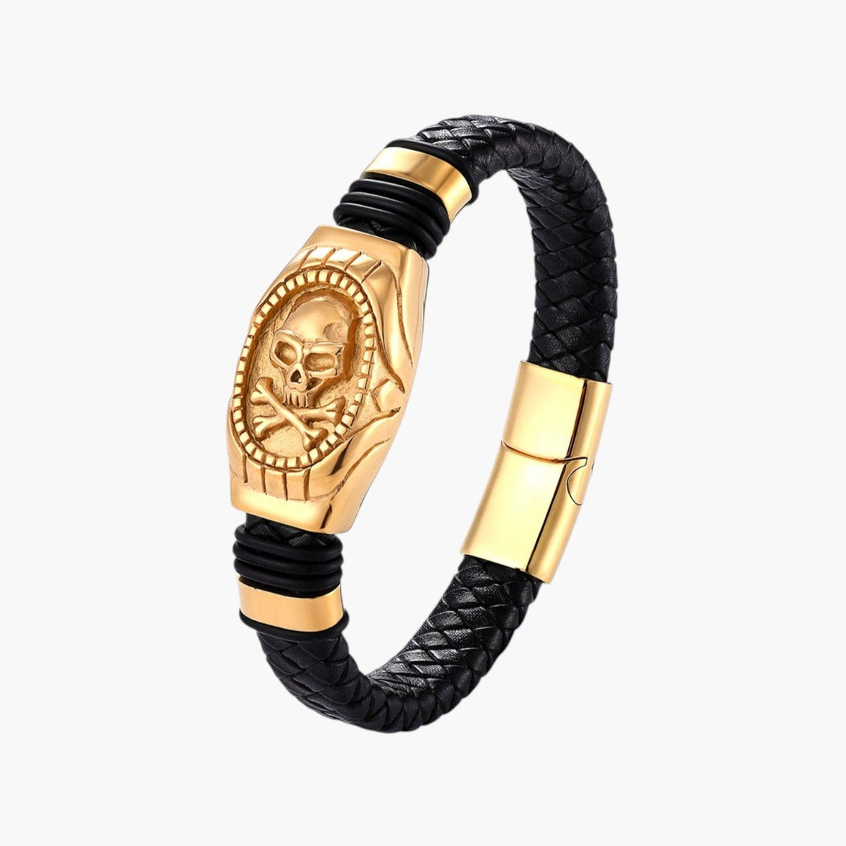 Pulseira Caveira em Couro e Aço Inoxidável
