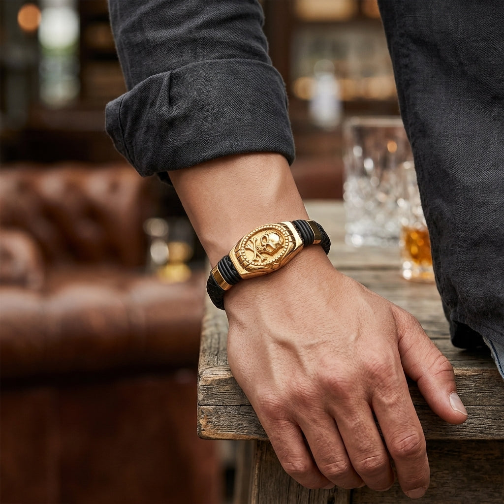Pulseira Caveira em Couro e Aço Inoxidável