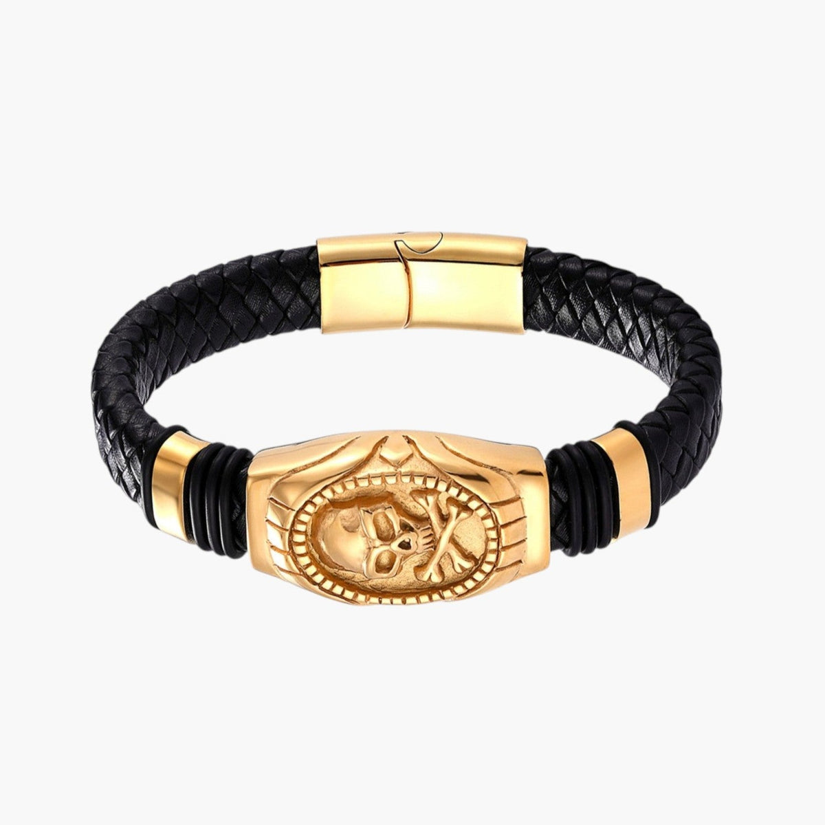 Pulseira Caveira em Couro e Aço Inoxidável