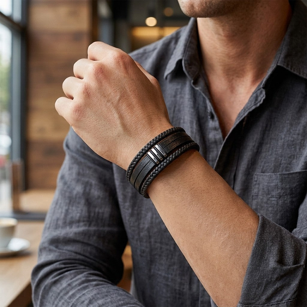 Pulseira em Couro e Aço Inoxidável