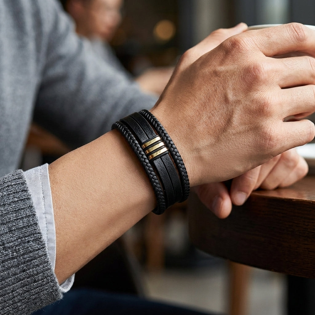 Pulseira em Couro e Aço Inoxidável