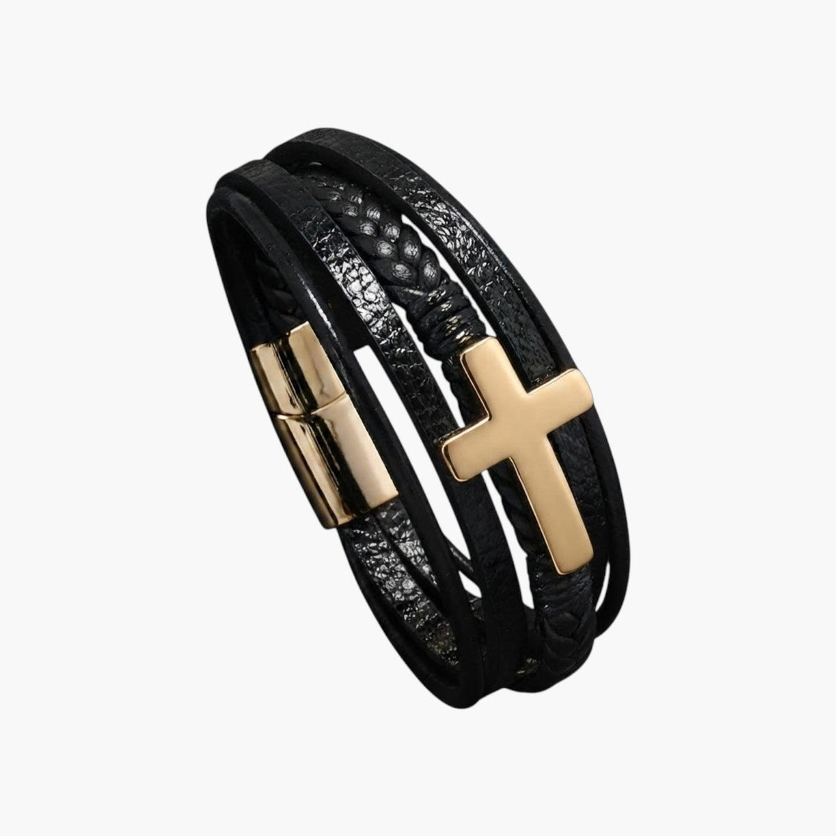 Pulseira Cruz de Couro e Aço Inoxidável