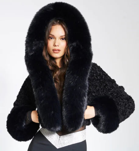Hooded Faux-Fur Cropped Coat — Plush, Lined