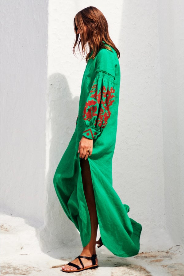 Embroidered V-Neck Boho Dress – Long Sleeve Cotton Beachwear