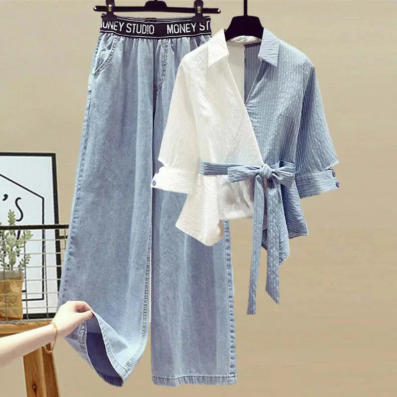 Chic 2-Piece Set – Denim-Look Wide Leg Pants + Colorblock Tie Shirt