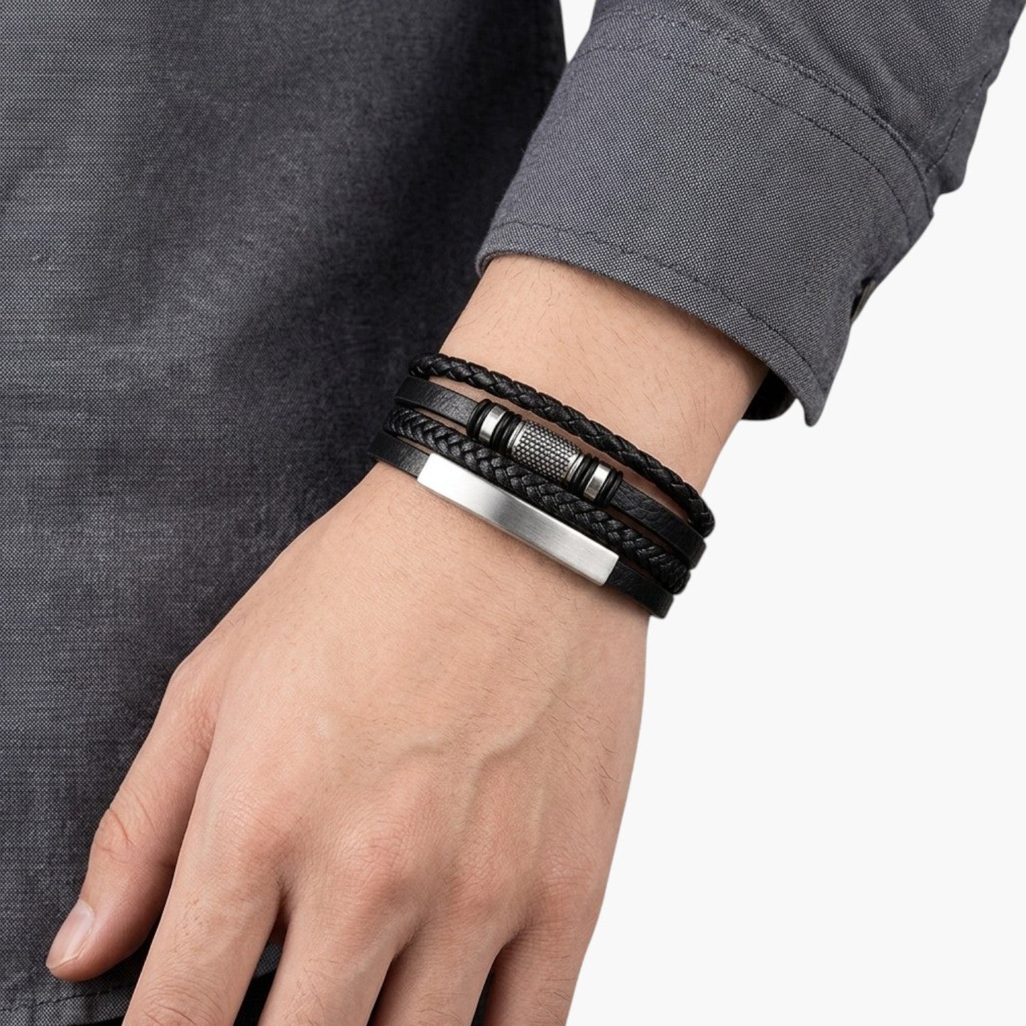 Pulseira de Couro e Aço Inoxidável