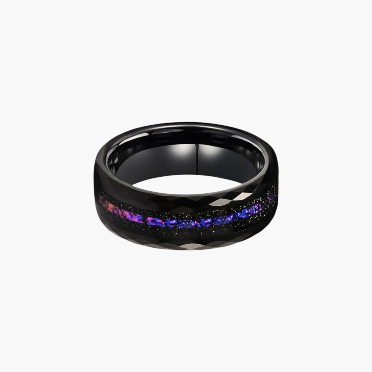 Anel de Tungsténio Facetado com Incrustação Aurora