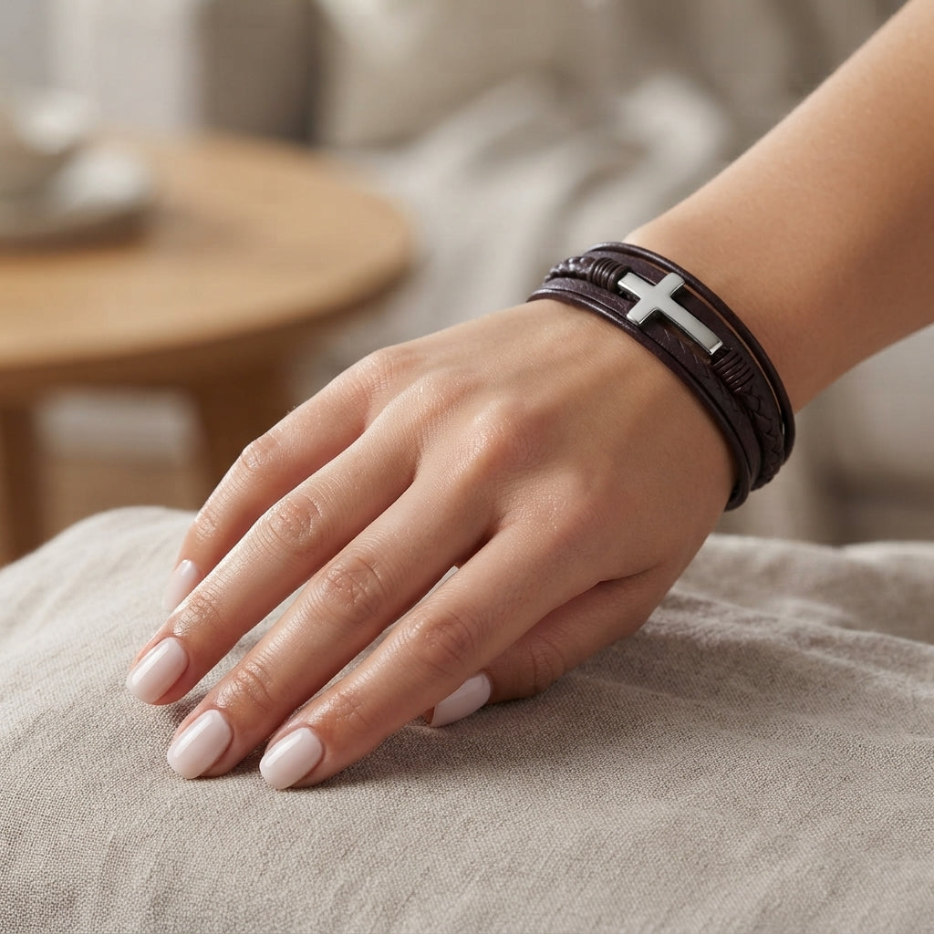 Pulseira Cruz em Couro e Aço Inoxidável