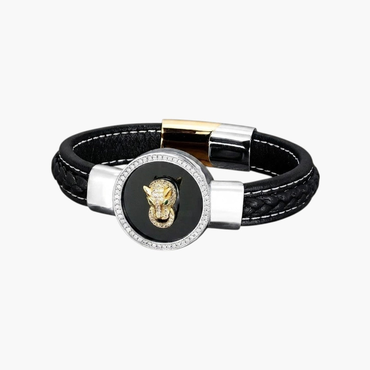 Pulseira Pantera em Couro e Aço Inoxidável