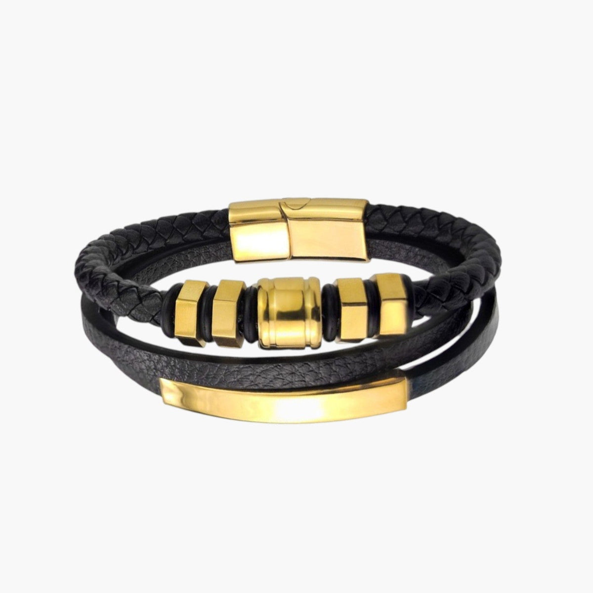 Pulseira Hexagonal em Couro e Aço Inoxidável
