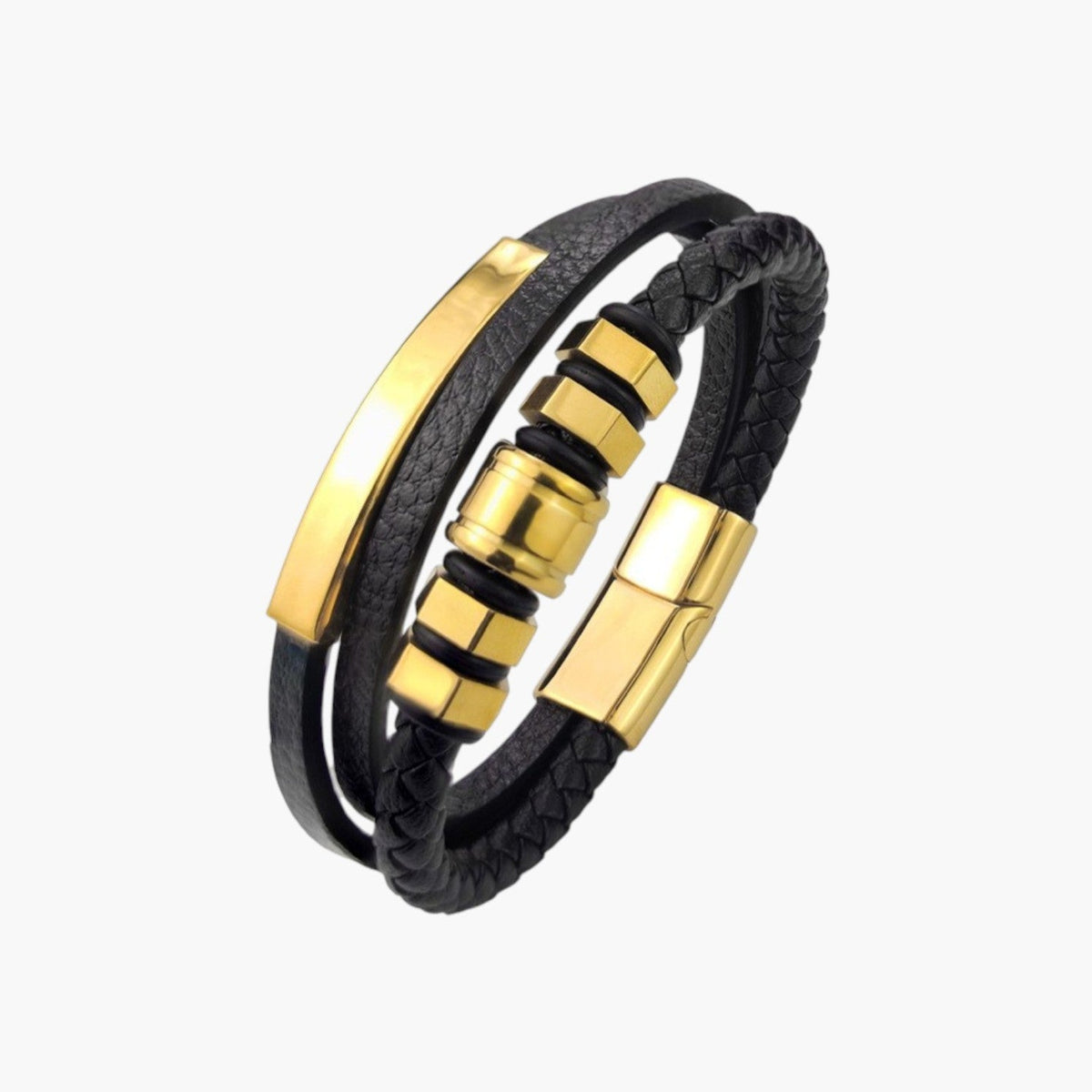 Pulseira Hexagonal em Couro e Aço Inoxidável