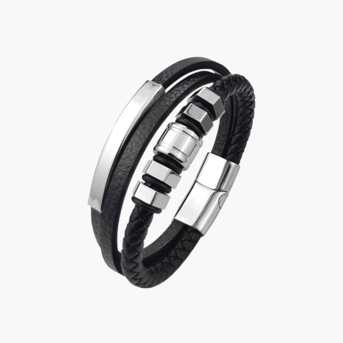 Pulseira Hexagonal em Couro e Aço Inoxidável