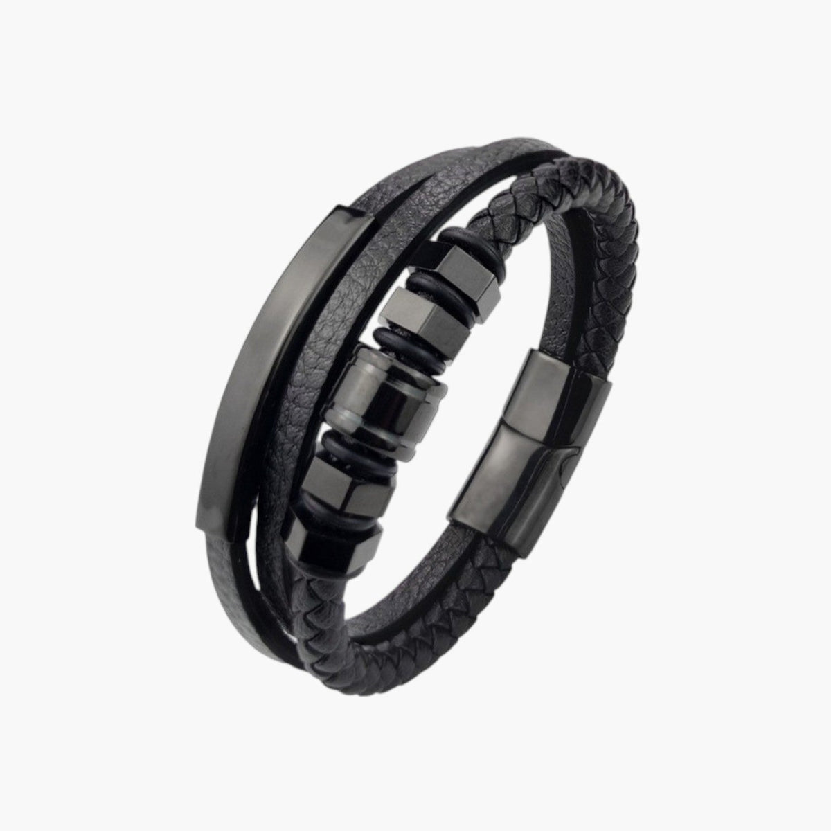 Pulseira Hexagonal em Couro e Aço Inoxidável
