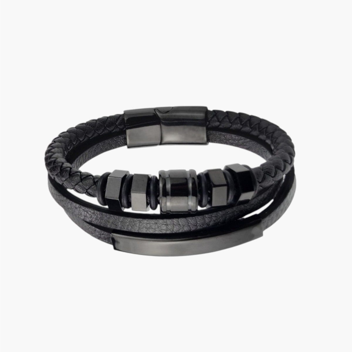 Pulseira Hexagonal em Couro e Aço Inoxidável