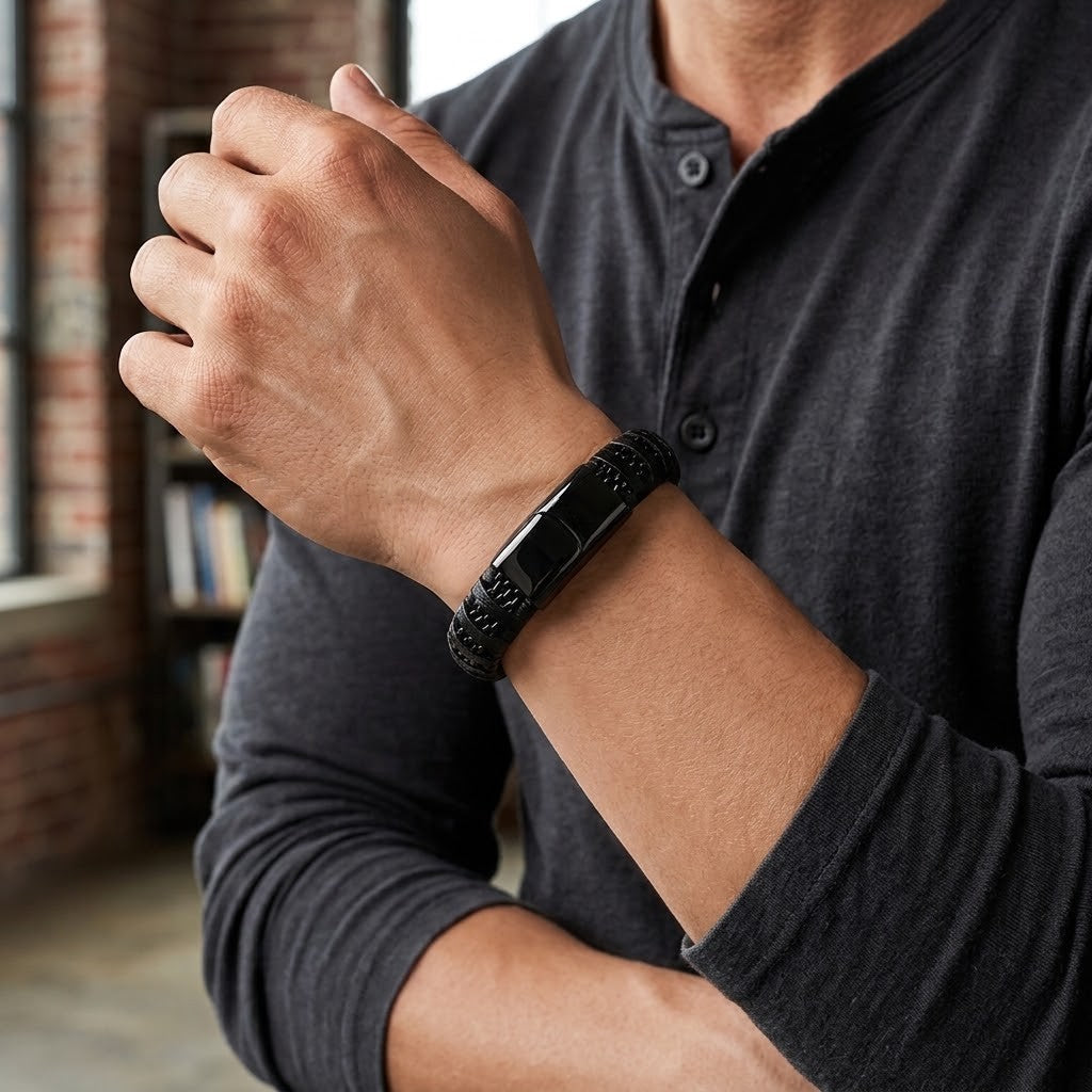Pulseira em Couro e Aço Inoxidável
