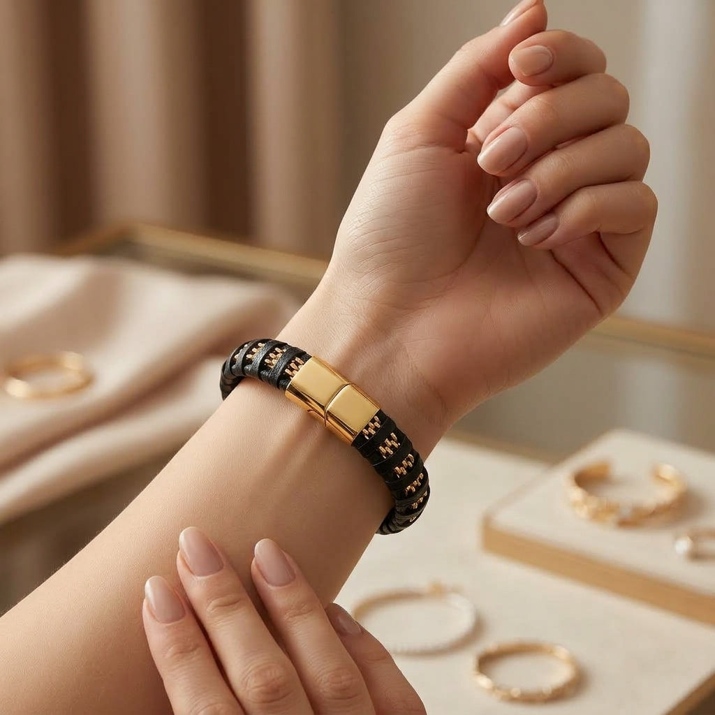 Pulseira em Couro e Aço Inoxidável