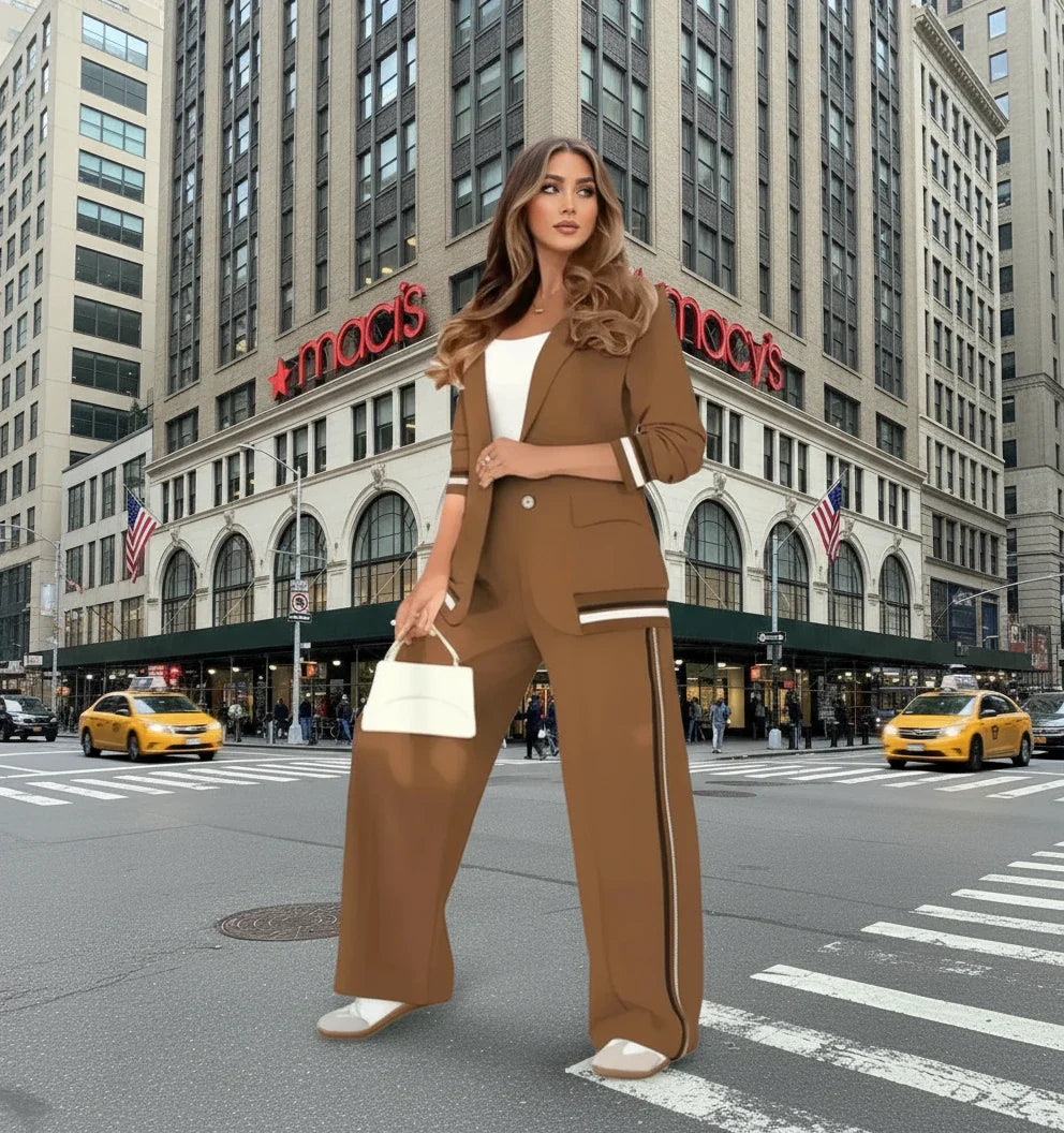 Women’s Two-Piece Wide-Leg Trousers & Blazer Set – Casual Chic Suit Style