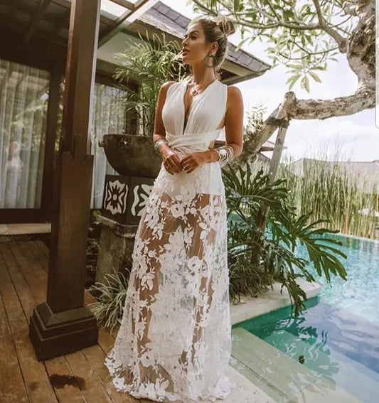 White Lace Beach Dress – V-Neck Cross-Back Sheer Cover-Up