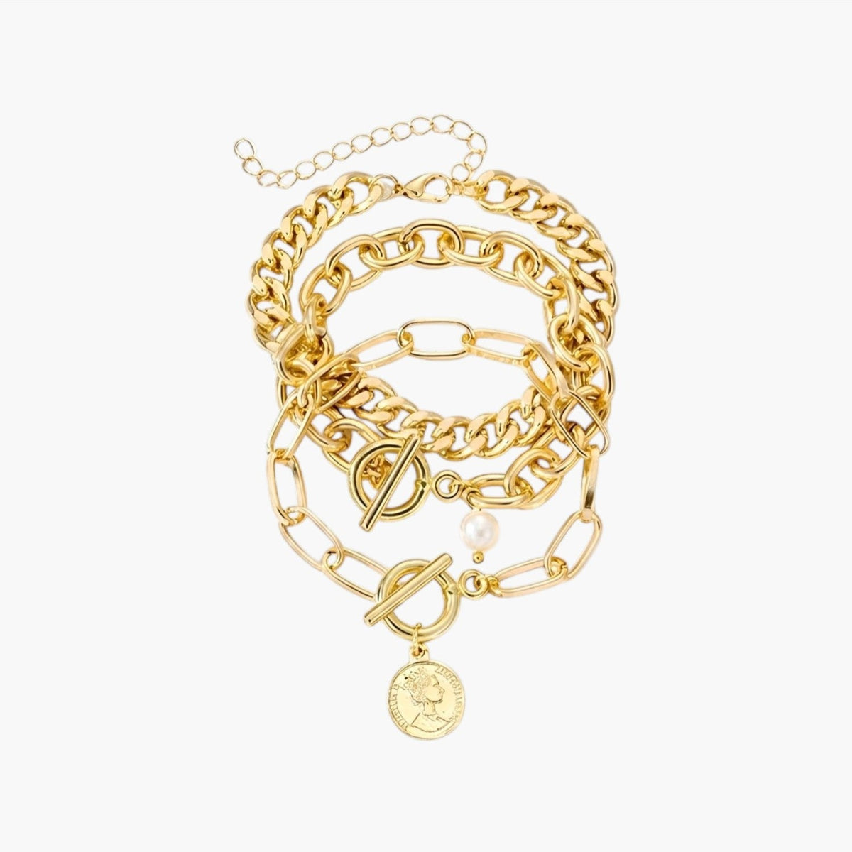 Conjunto de Pulseiras Corrente com Pérola e Moeda em Aço Inoxidável