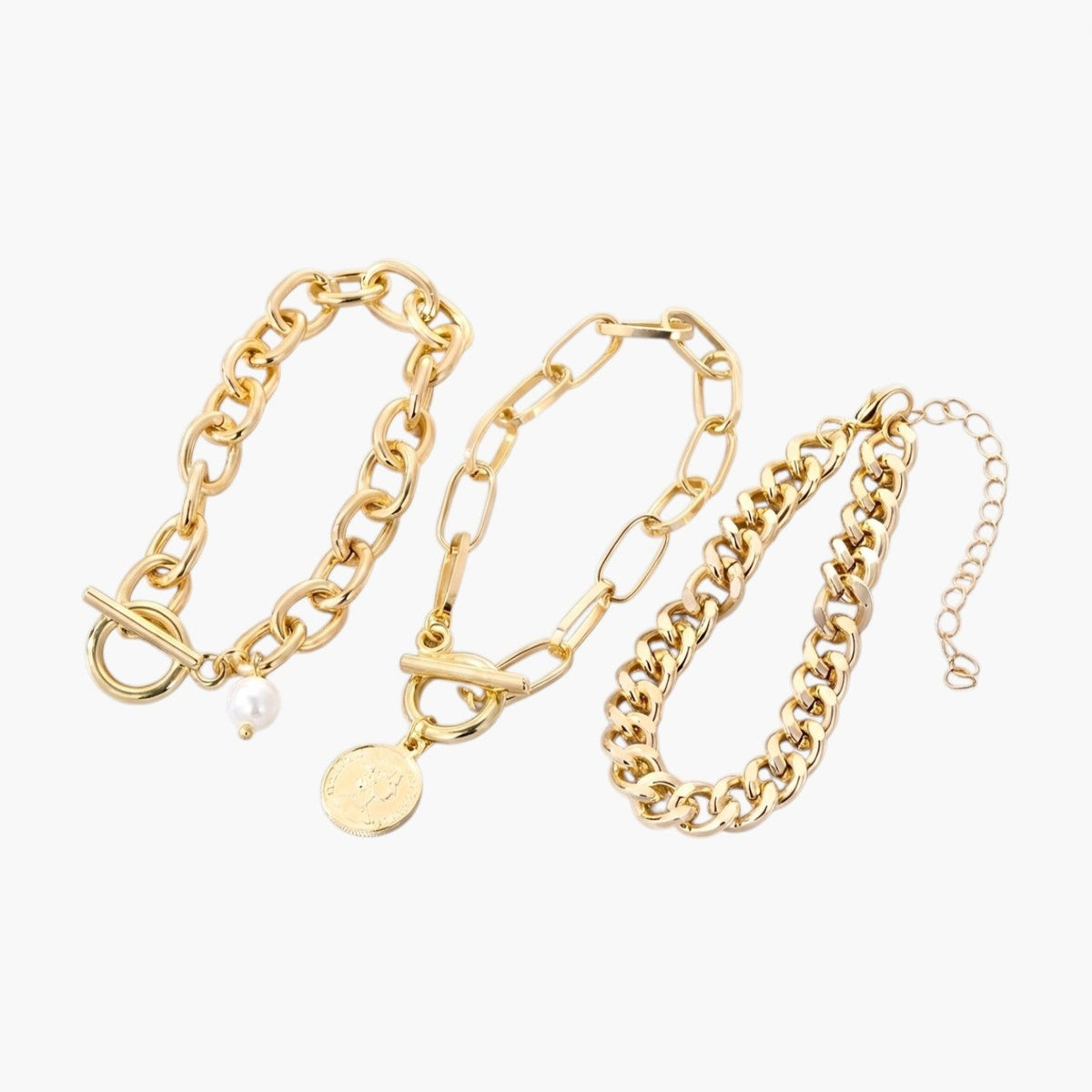 Conjunto de Pulseiras Corrente com Pérola e Moeda em Aço Inoxidável