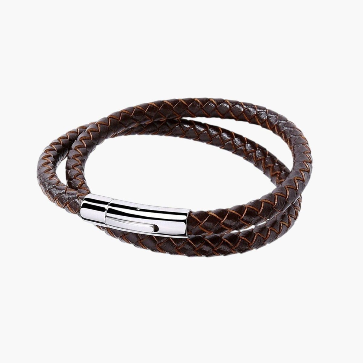 Pulseira de Couro Entrançado Duplo em Aço Inoxidável