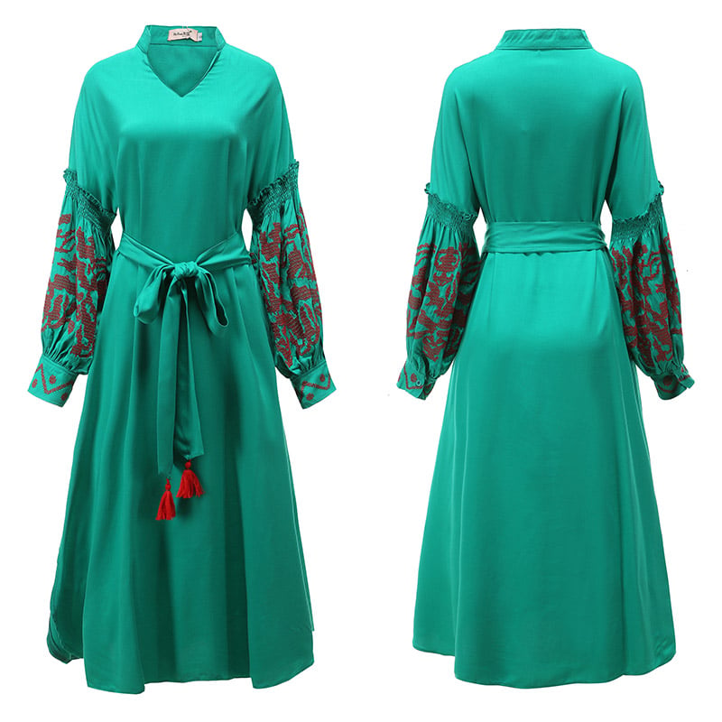 Embroidered V-Neck Boho Dress – Long Sleeve Cotton Beachwear