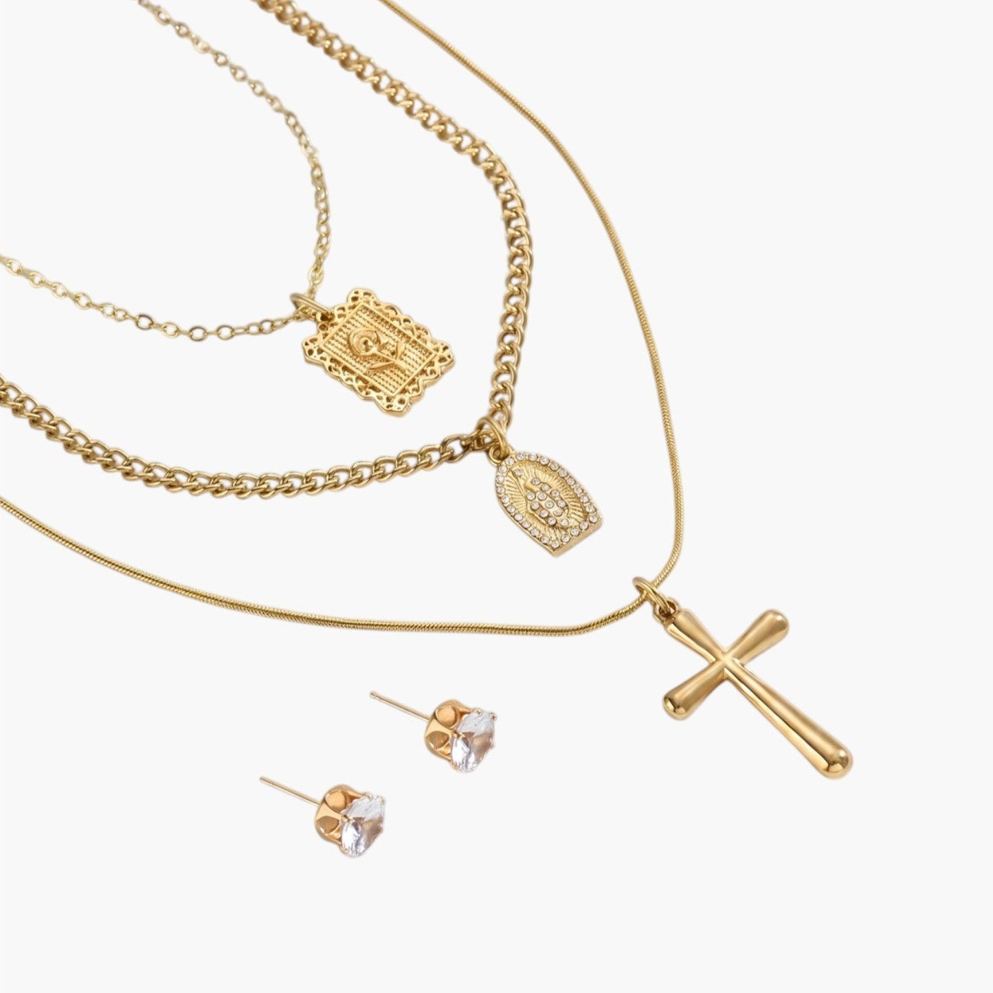 Conjunto Colar Multicamadas com Cruz e Brincos