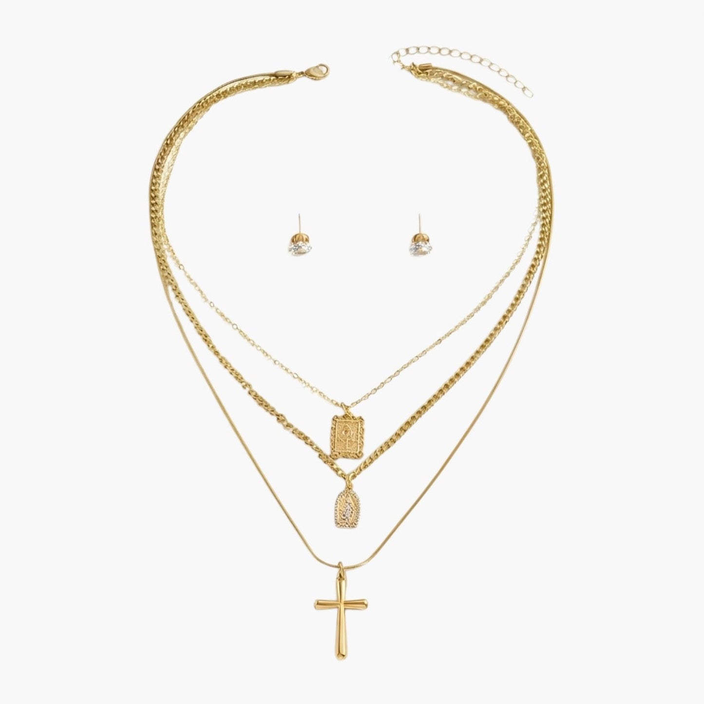 Conjunto Colar Multicamadas com Cruz e Brincos