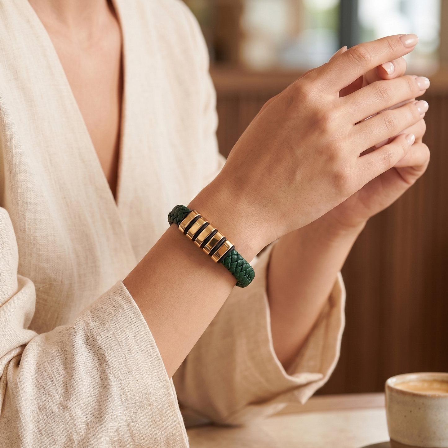 Pulseira em Couro e Aço Inoxidável