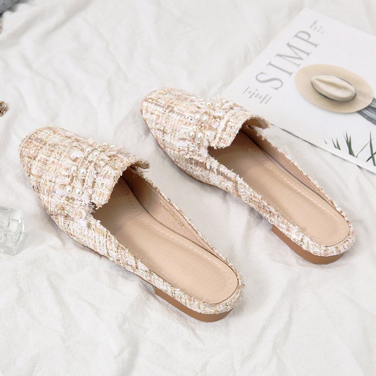 Chic Tweed Pearl-Embellished Slide Mule