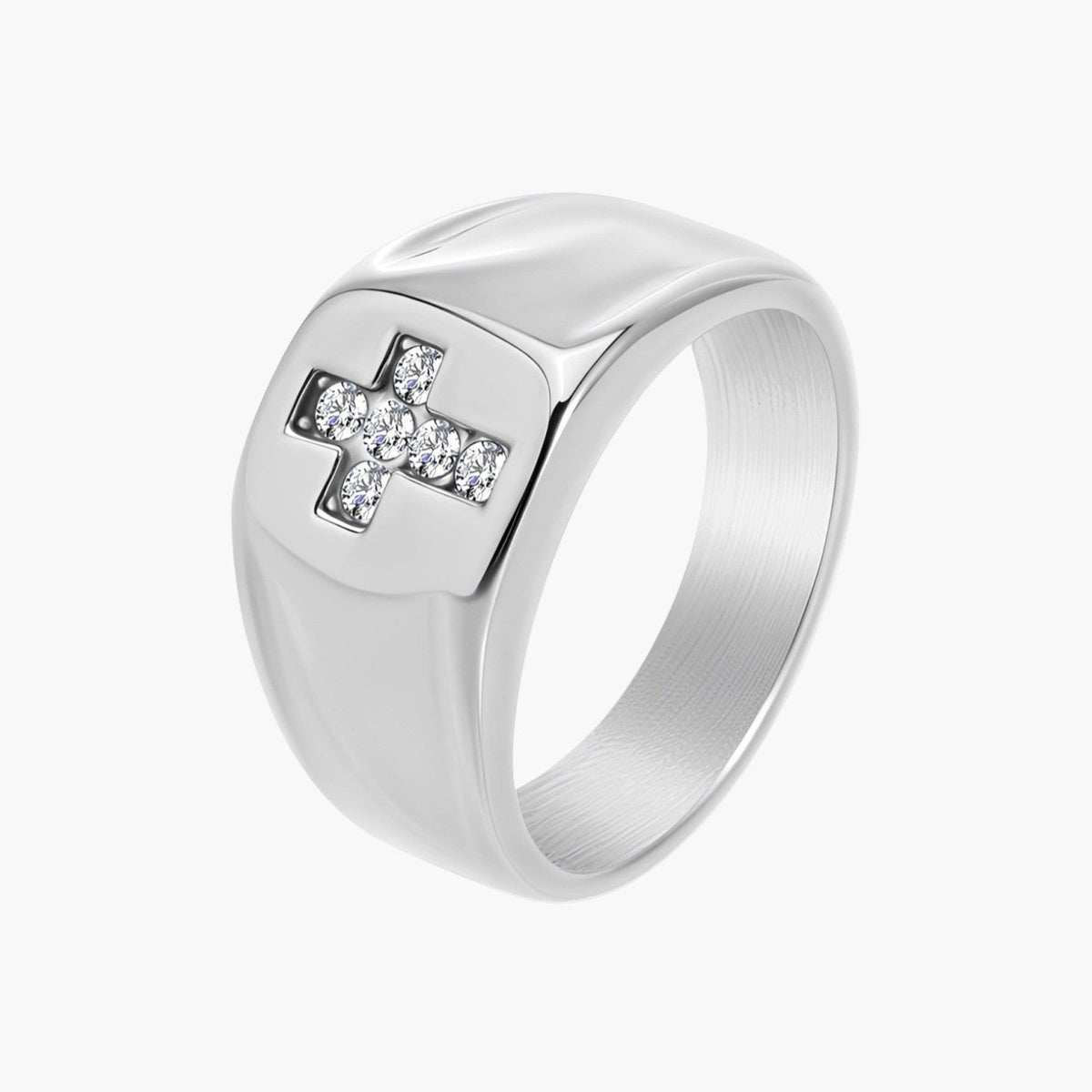 Anel Signet Cruz com Zircónias em Aço Inoxidável