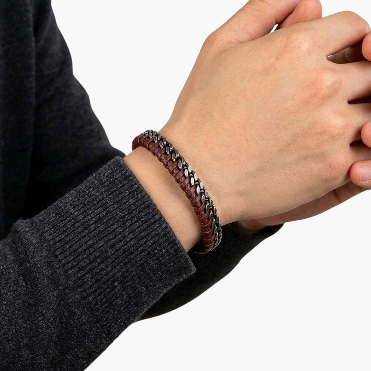 Pulseira de Couro e Aço Inoxidável