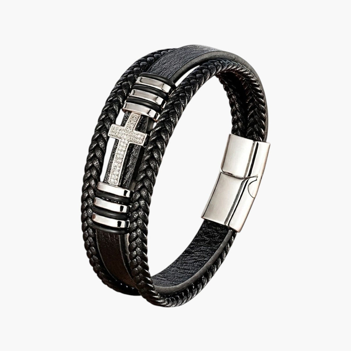 Pulseira Cruz em Couro e Aço Inoxidável