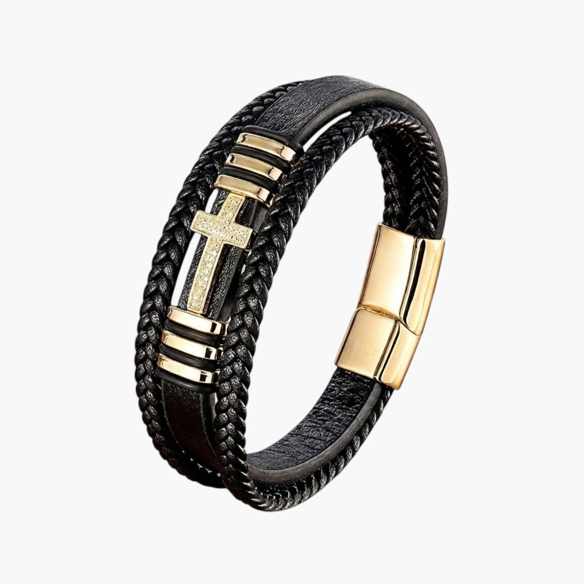 Pulseira Cruz em Couro e Aço Inoxidável