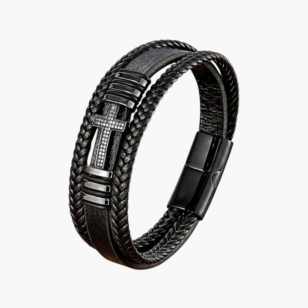 Pulseira Cruz em Couro e Aço Inoxidável